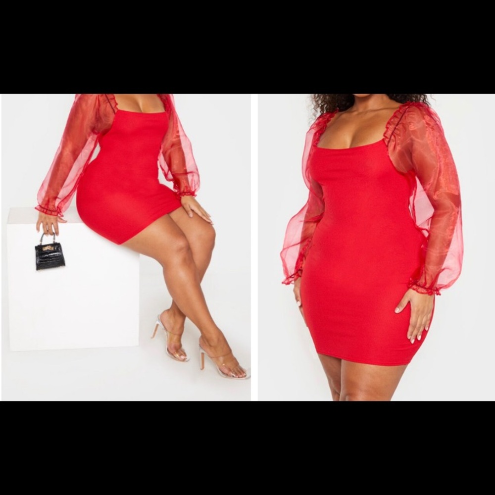 Plus Red Long Sleeve Organza Bodycon Dress